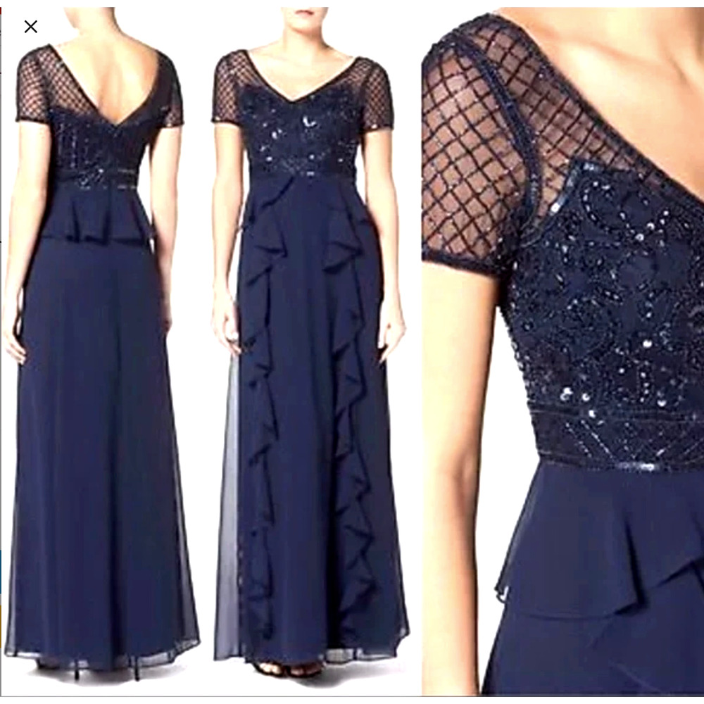 Adrianna Papell 8 Beaded Ruffle Gown $279 Long Dress Short Sleeve Navy BlueNEW